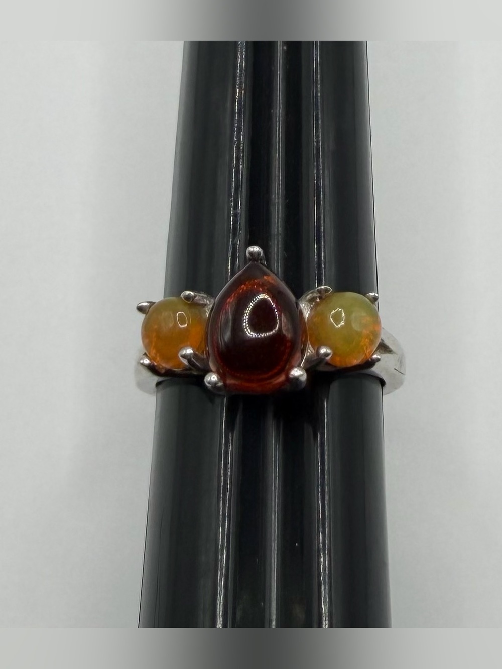 Amber & Fire Opal Sterling Silver 925 Ring - Size 7